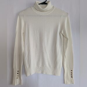Women's XS Elegant Classy Cream Turtleneck Sweater Light Knit Gold Accents
